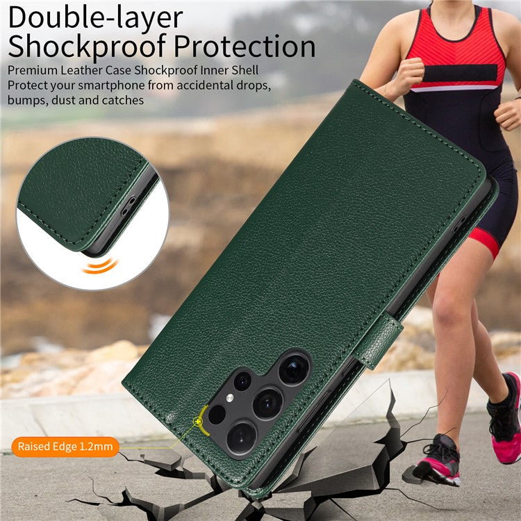 For Samsung Galaxy S23 Ultra Leather Case Litchi Texture RFID Blocking Wallet Stand Phone Cover - Green