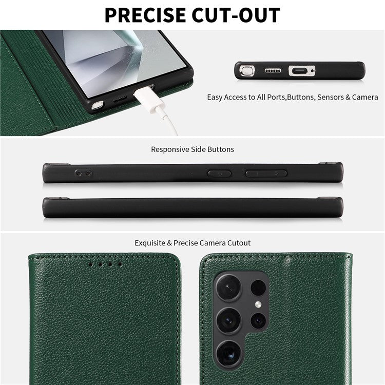 For Samsung Galaxy S23 Ultra Leather Case Litchi Texture RFID Blocking Wallet Stand Phone Cover - Green