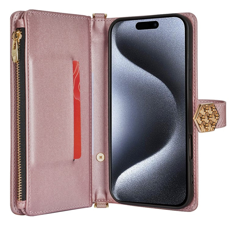 For iPhone 16 Plus Case Cross Texture PU Leather+TPU Wallet Phone Cover with Strap - Rose Gold