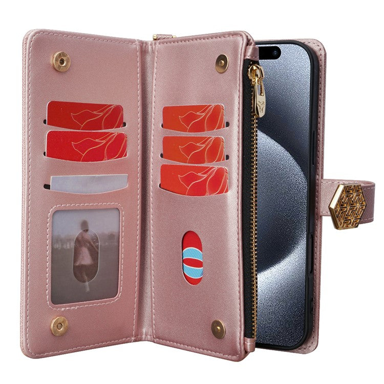 For iPhone 16 Plus Case Cross Texture PU Leather+TPU Wallet Phone Cover with Strap - Rose Gold