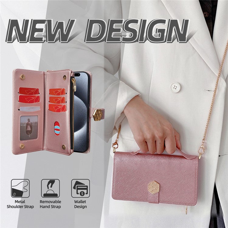 For iPhone 16 Plus Case Cross Texture PU Leather+TPU Wallet Phone Cover with Strap - Rose Gold