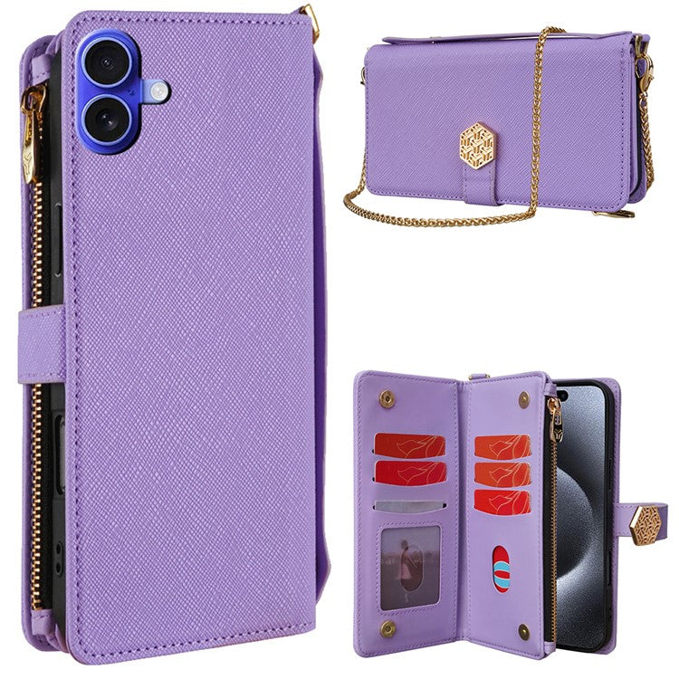 For iPhone 16 Plus Case Cross Texture PU Leather+TPU Wallet Phone Cover with Strap - Purple