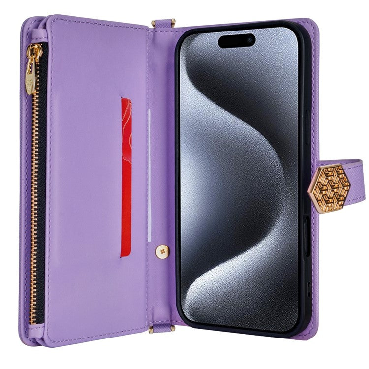 For iPhone 16 Plus Case Cross Texture PU Leather+TPU Wallet Phone Cover with Strap - Purple