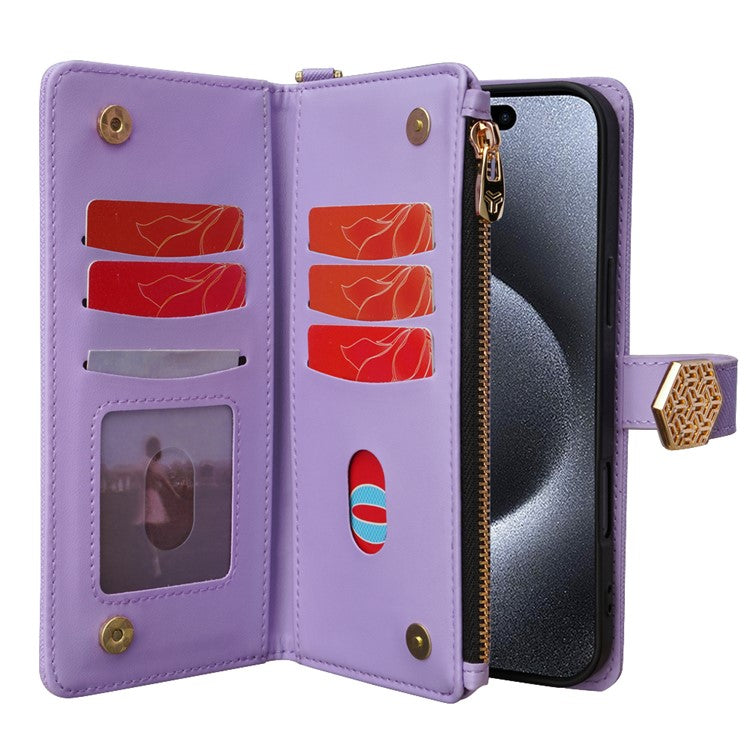 For iPhone 16 Plus Case Cross Texture PU Leather+TPU Wallet Phone Cover with Strap - Purple
