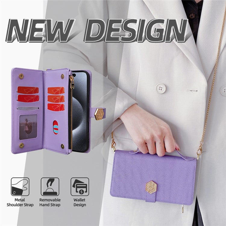 For iPhone 16 Plus Case Cross Texture PU Leather+TPU Wallet Phone Cover with Strap - Purple