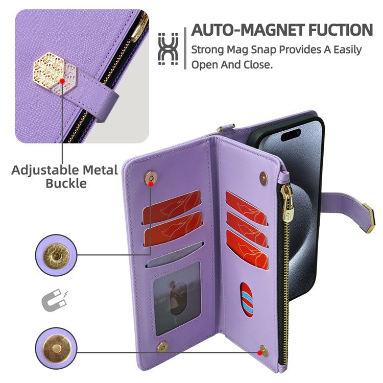 For iPhone 16 Plus Case Cross Texture PU Leather+TPU Wallet Phone Cover with Strap - Purple
