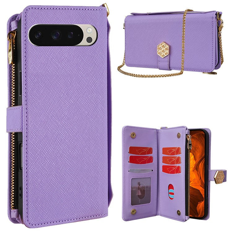 For Google Pixel 9 / 9 Pro Case Cross Texture PU Leather+TPU Wallet Phone Cover with Strap - Purple