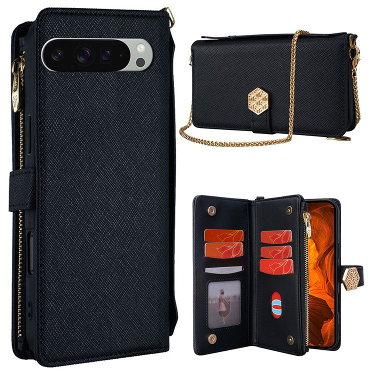 For Google Pixel 9 Pro XL Case Cross Texture PU Leather+TPU Wallet Phone Cover with Strap - Black