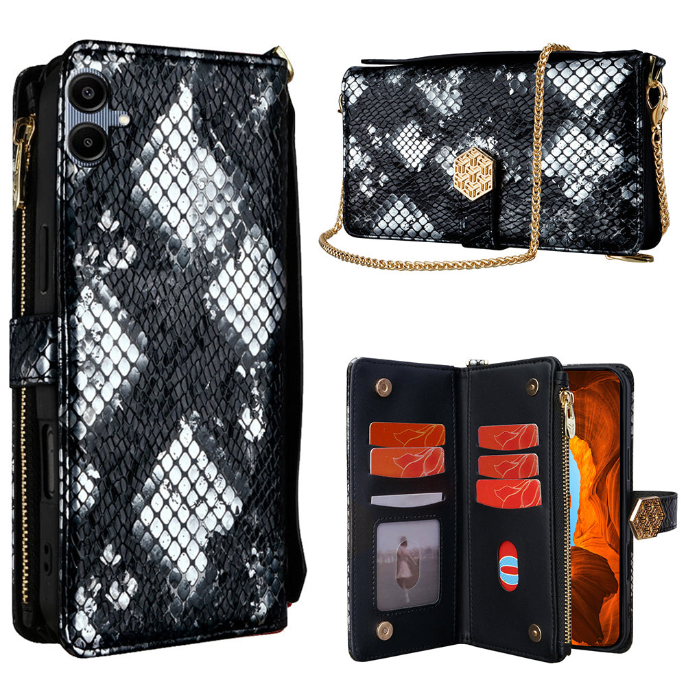 For Samsung Galaxy A06 Phone Bag Snake Skin Texture PU Leather Phone Wallet Cover with Shoulder Strap - Black