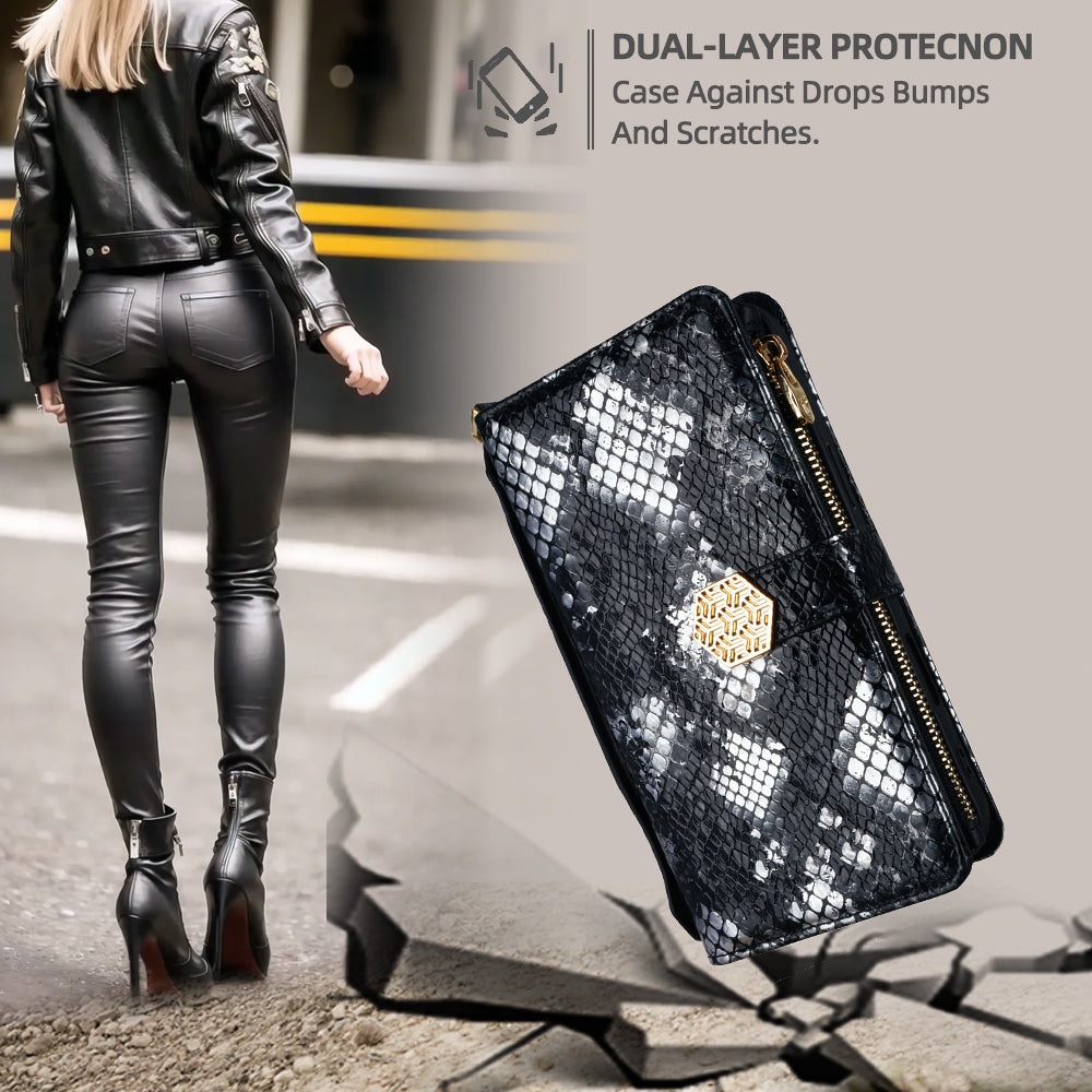 For Samsung Galaxy A06 Phone Bag Snake Skin Texture PU Leather Phone Wallet Cover with Shoulder Strap - Black