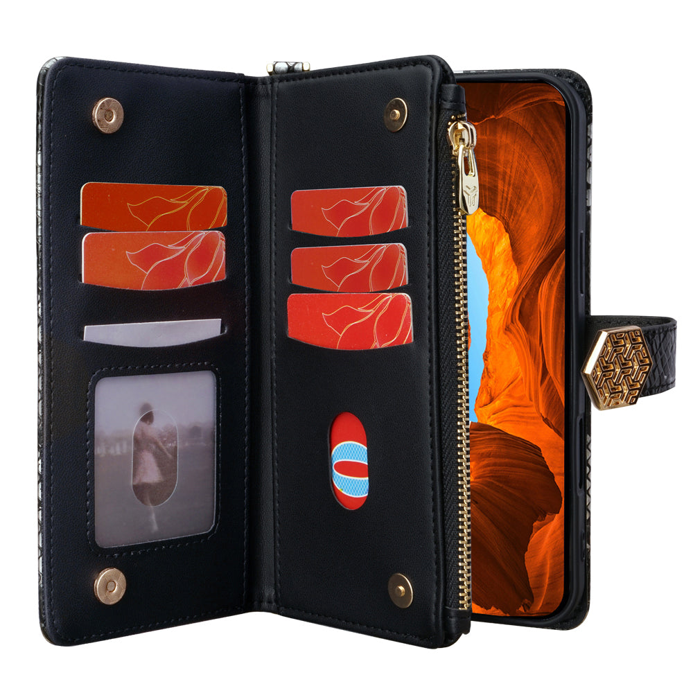 For Samsung Galaxy A06 Phone Bag Snake Skin Texture PU Leather Phone Wallet Cover with Shoulder Strap - Black