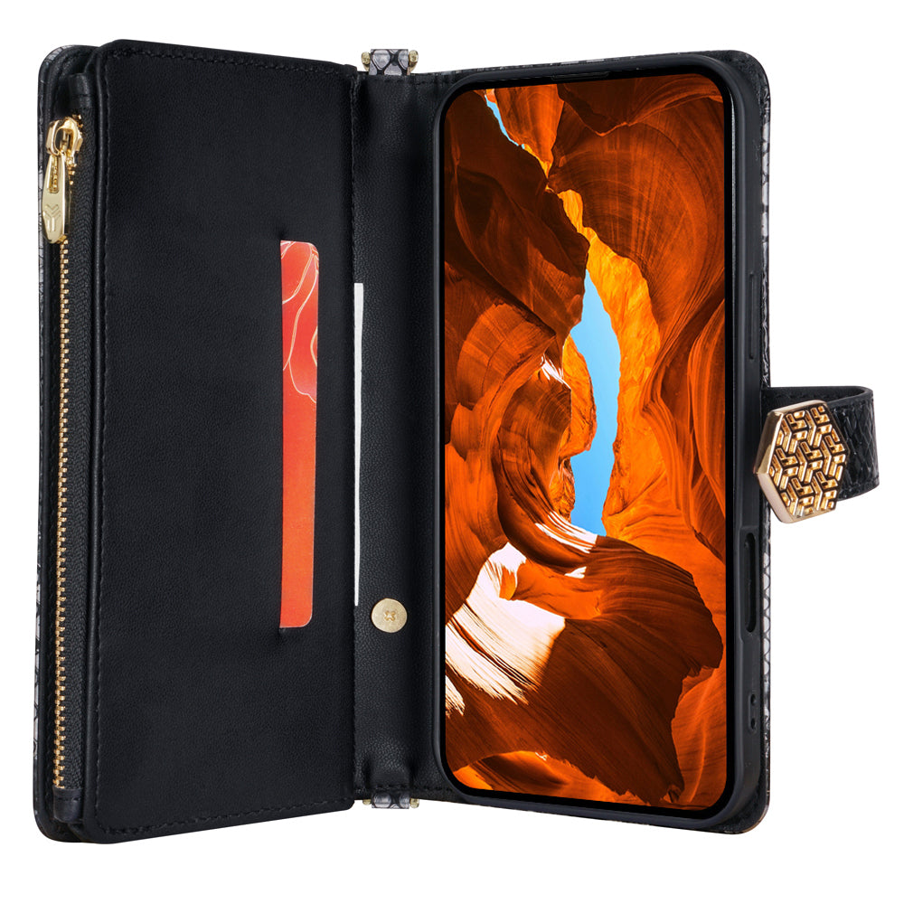 For Samsung Galaxy A06 Phone Bag Snake Skin Texture PU Leather Phone Wallet Cover with Shoulder Strap - Black