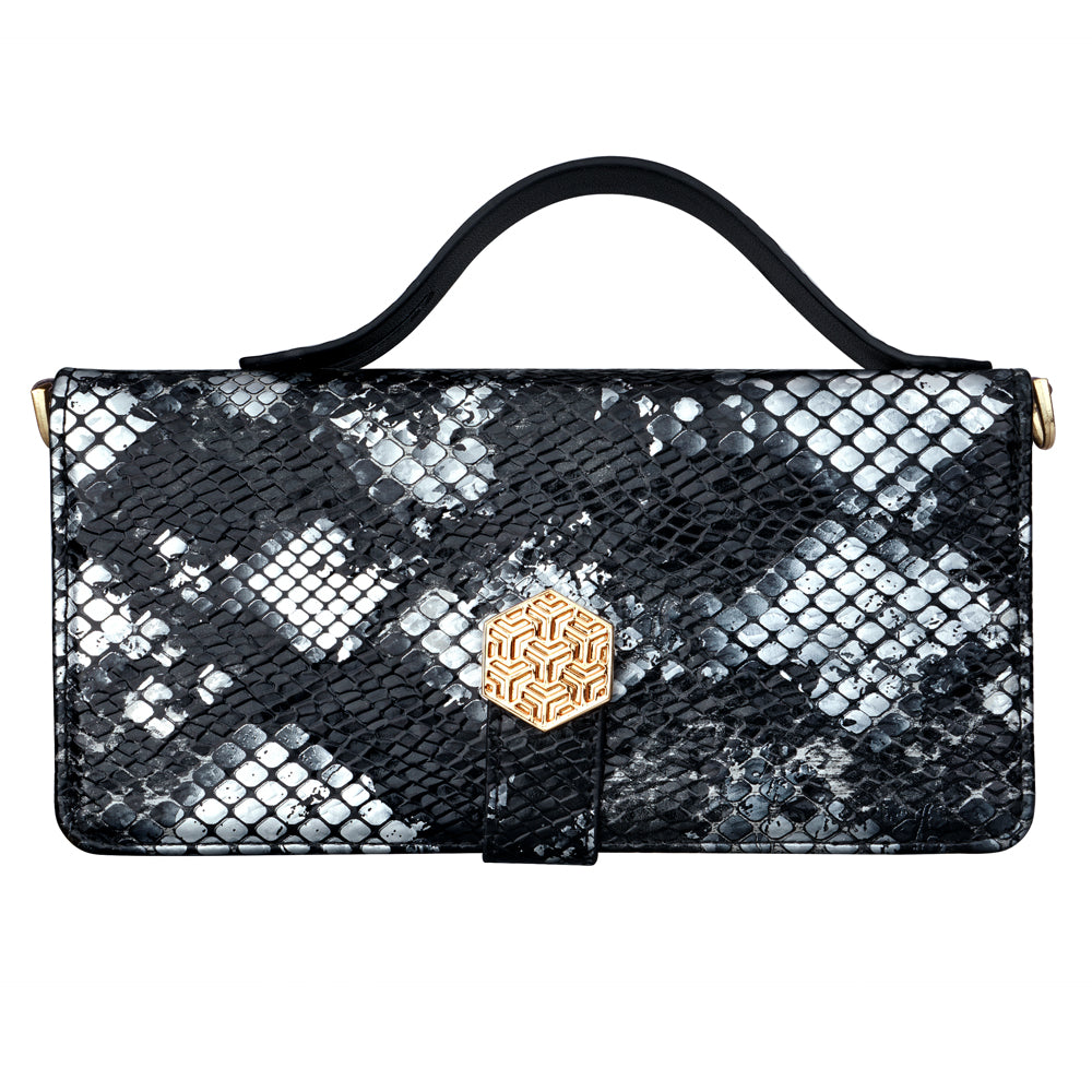 For Samsung Galaxy A06 Phone Bag Snake Skin Texture PU Leather Phone Wallet Cover with Shoulder Strap - Black