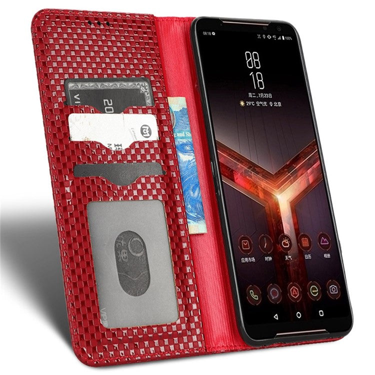 Grid Texture Phone Case for Asus ROG Phone II ZS660KL, PU Leather Magnetic Auto-absorbed Wallet Stand Full Protection Cover - Wine Red