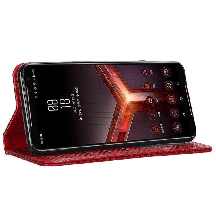 Grid Texture Phone Case for Asus ROG Phone II ZS660KL, PU Leather Magnetic Auto-absorbed Wallet Stand Full Protection Cover - Wine Red