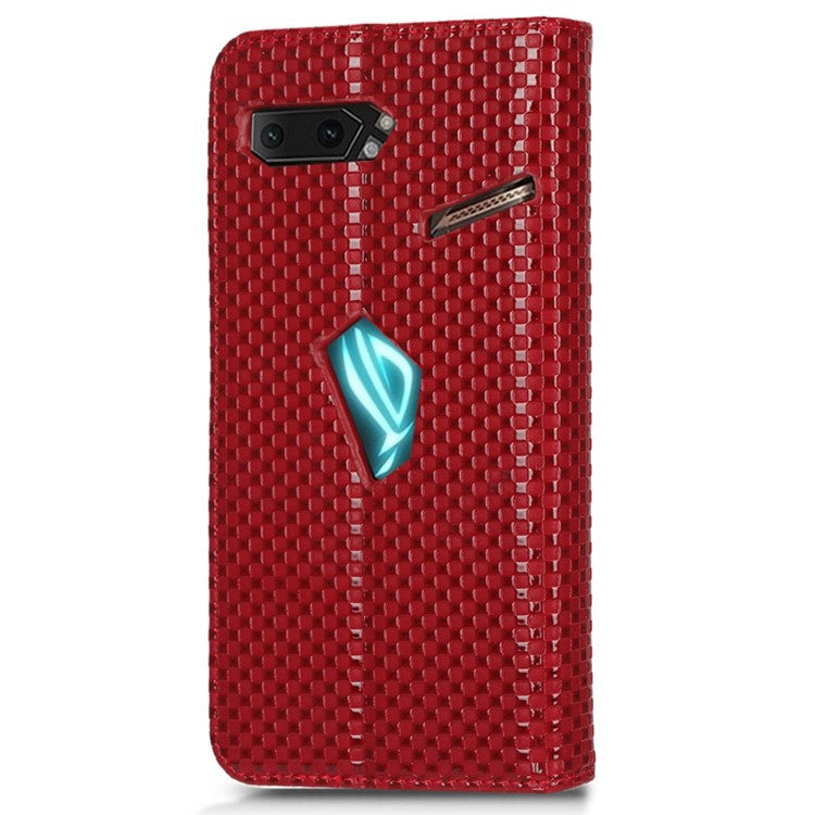 Grid Texture Phone Case for Asus ROG Phone II ZS660KL, PU Leather Magnetic Auto-absorbed Wallet Stand Full Protection Cover - Wine Red