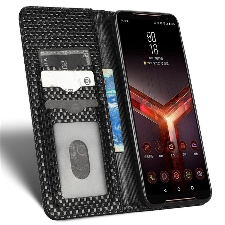 Grid Texture Phone Case for Asus ROG Phone II ZS660KL, PU Leather Magnetic Auto-absorbed Wallet Stand Full Protection Cover - Black