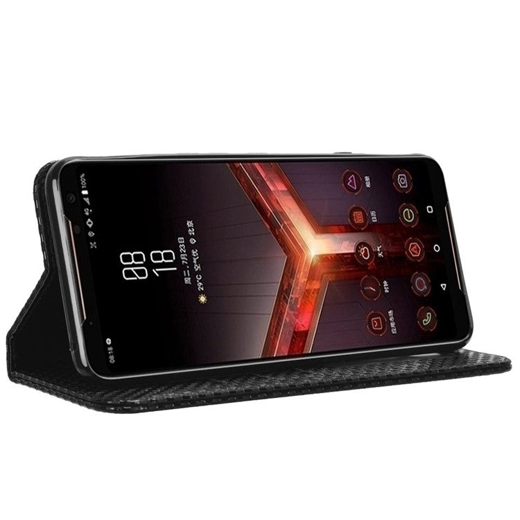 Grid Texture Phone Case for Asus ROG Phone II ZS660KL, PU Leather Magnetic Auto-absorbed Wallet Stand Full Protection Cover - Black