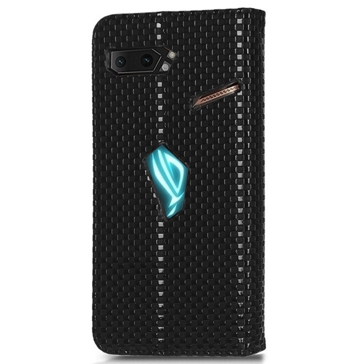 Grid Texture Phone Case for Asus ROG Phone II ZS660KL, PU Leather Magnetic Auto-absorbed Wallet Stand Full Protection Cover - Black