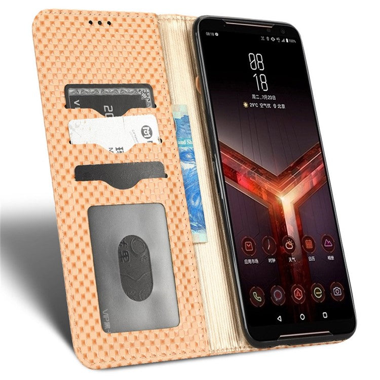 Grid Texture Phone Case for Asus ROG Phone II ZS660KL, PU Leather Magnetic Auto-absorbed Wallet Stand Full Protection Cover - Beige