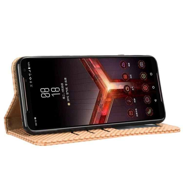 Grid Texture Phone Case for Asus ROG Phone II ZS660KL, PU Leather Magnetic Auto-absorbed Wallet Stand Full Protection Cover - Beige