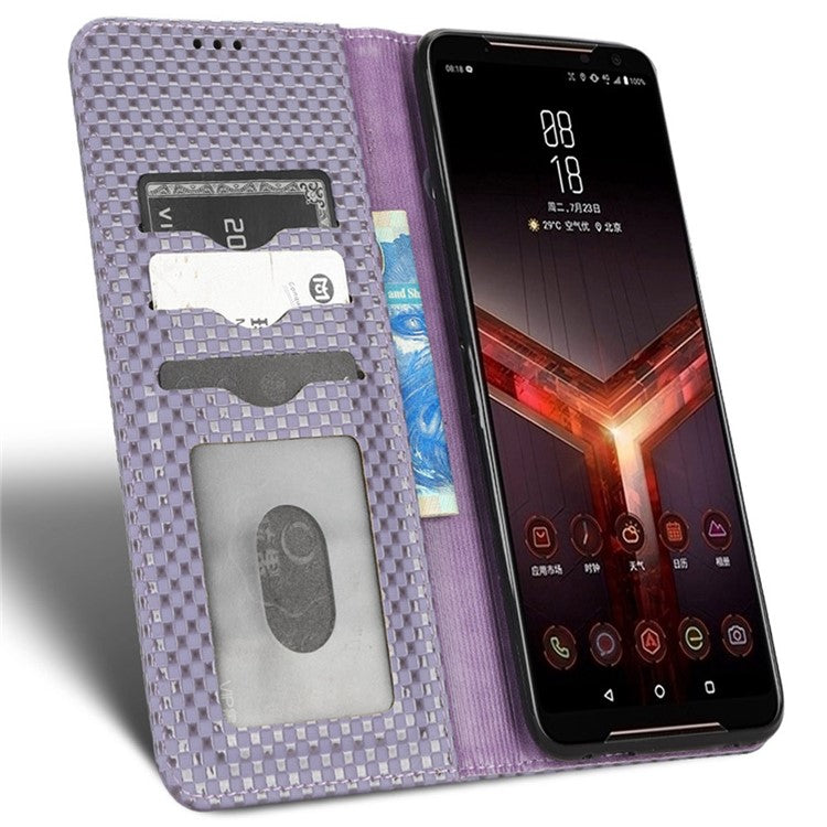 Grid Texture Phone Case for Asus ROG Phone II ZS660KL, PU Leather Magnetic Auto-absorbed Wallet Stand Full Protection Cover - Light Purple