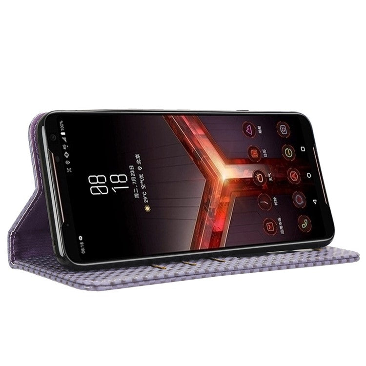 Grid Texture Phone Case for Asus ROG Phone II ZS660KL, PU Leather Magnetic Auto-absorbed Wallet Stand Full Protection Cover - Light Purple