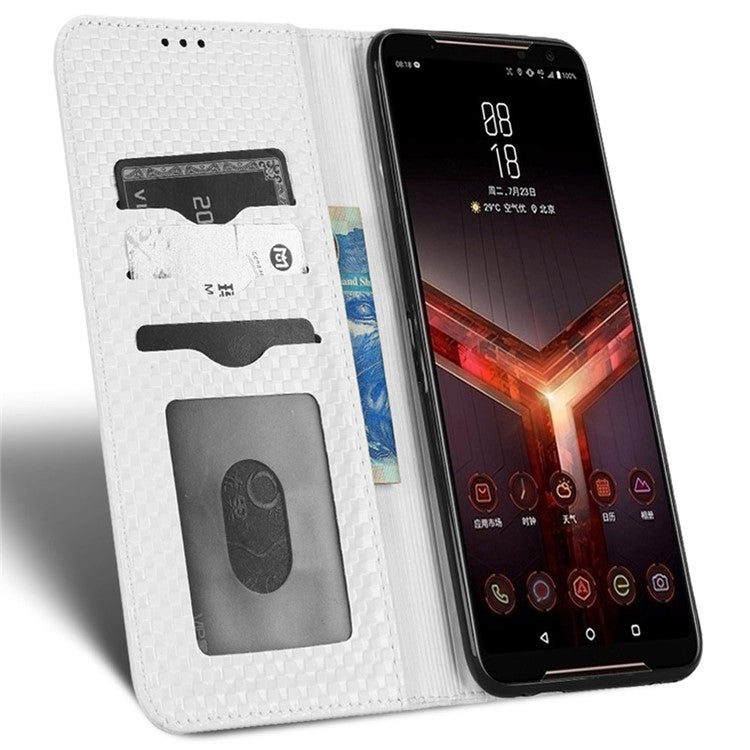 Grid Texture Phone Case for Asus ROG Phone II ZS660KL, PU Leather Magnetic Auto-absorbed Wallet Stand Full Protection Cover - White