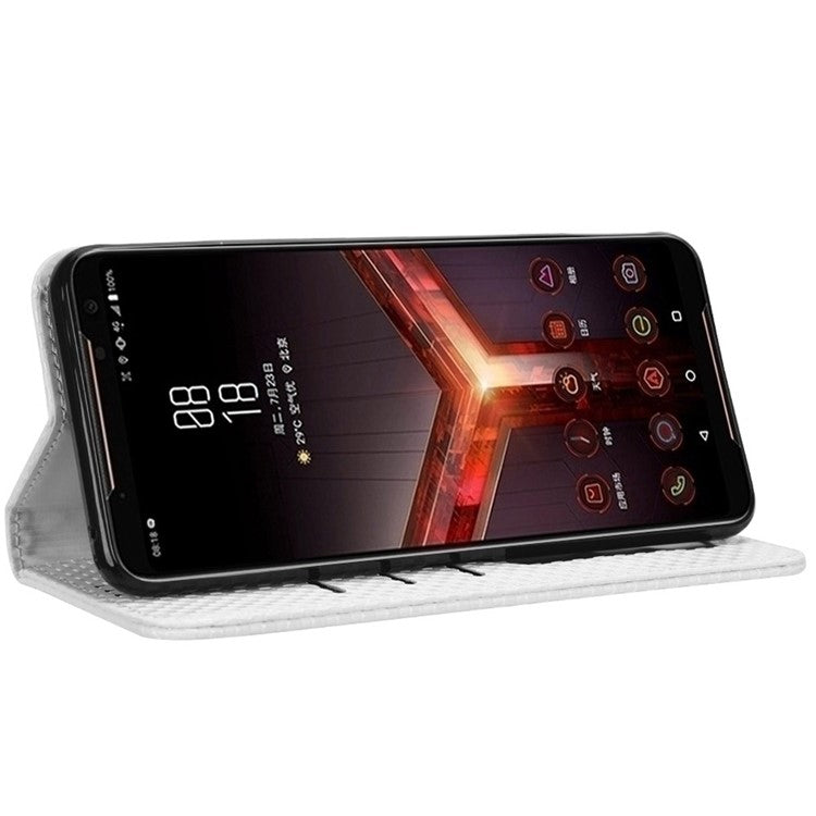Grid Texture Phone Case for Asus ROG Phone II ZS660KL, PU Leather Magnetic Auto-absorbed Wallet Stand Full Protection Cover - White