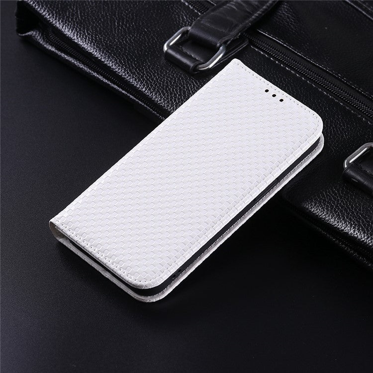 Grid Texture Phone Case for Asus ROG Phone II ZS660KL, PU Leather Magnetic Auto-absorbed Wallet Stand Full Protection Cover - White