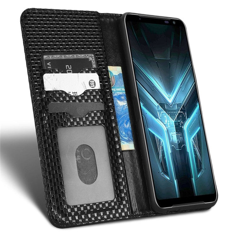 For Asus ROG Phone 3 Strix / ROG Phone 3 ZS661KS Grid Texture PU Leather Magnetic Auto-absorbed Phone Case with Wallet Stand - Black