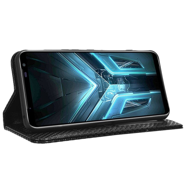 For Asus ROG Phone 3 Strix / ROG Phone 3 ZS661KS Grid Texture PU Leather Magnetic Auto-absorbed Phone Case with Wallet Stand - Black