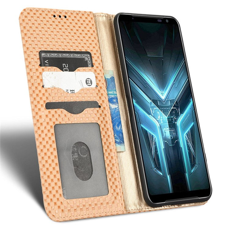 For Asus ROG Phone 3 Strix / ROG Phone 3 ZS661KS Grid Texture PU Leather Magnetic Auto-absorbed Phone Case with Wallet Stand - Beige