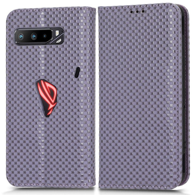 For Asus ROG Phone 3 Strix / ROG Phone 3 ZS661KS Grid Texture PU Leather Magnetic Auto-absorbed Phone Case with Wallet Stand - Light Purple