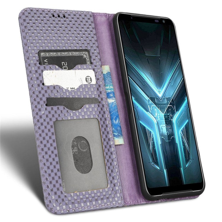 For Asus ROG Phone 3 Strix / ROG Phone 3 ZS661KS Grid Texture PU Leather Magnetic Auto-absorbed Phone Case with Wallet Stand - Light Purple