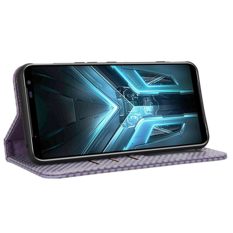 For Asus ROG Phone 3 Strix / ROG Phone 3 ZS661KS Grid Texture PU Leather Magnetic Auto-absorbed Phone Case with Wallet Stand - Light Purple