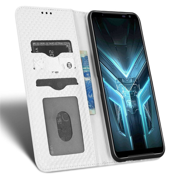 For Asus ROG Phone 3 Strix / ROG Phone 3 ZS661KS Grid Texture PU Leather Magnetic Auto-absorbed Phone Case with Wallet Stand - White