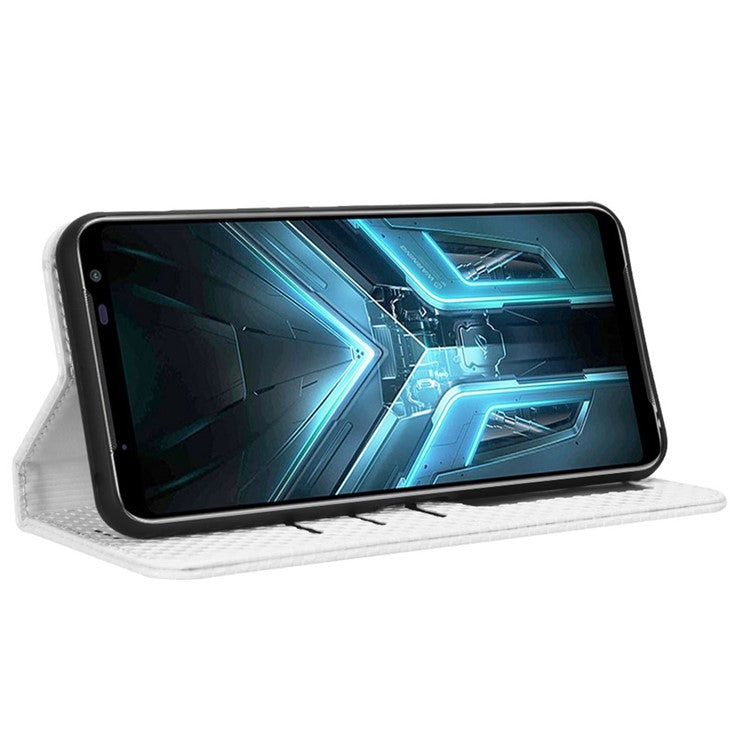 For Asus ROG Phone 3 Strix / ROG Phone 3 ZS661KS Grid Texture PU Leather Magnetic Auto-absorbed Phone Case with Wallet Stand - White
