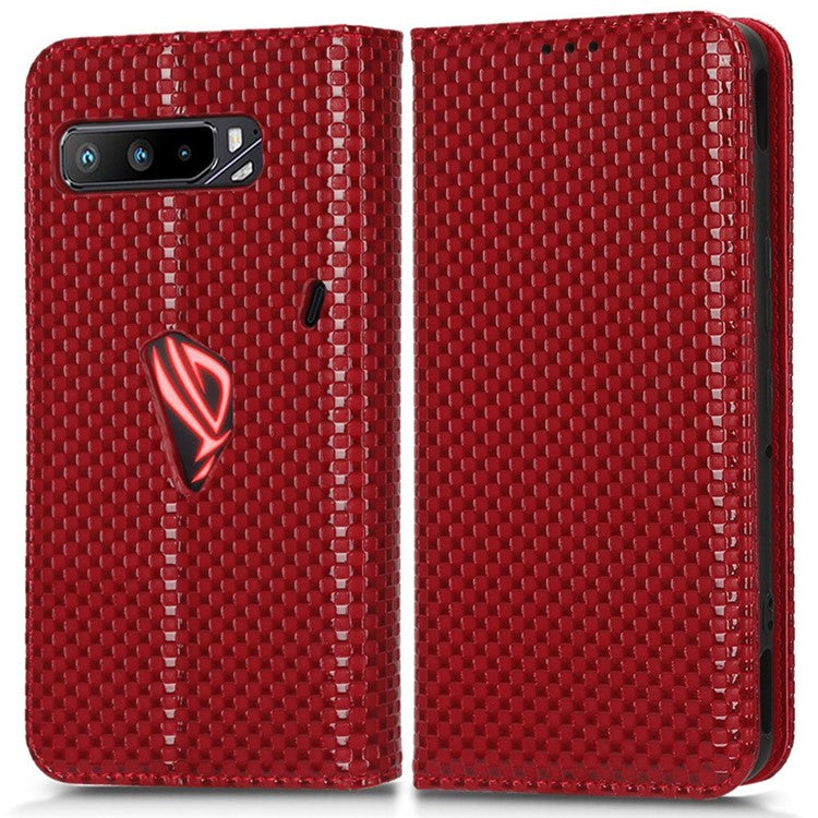 For Asus ROG Phone 3 Strix / ROG Phone 3 ZS661KS Grid Texture PU Leather Magnetic Auto-absorbed Phone Case with Wallet Stand - Wine Red