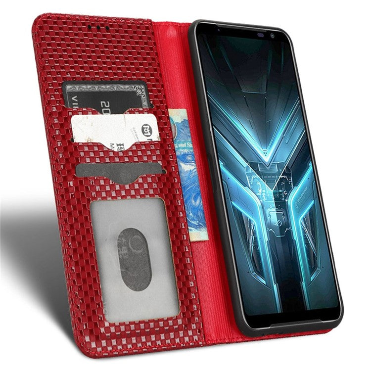 For Asus ROG Phone 3 Strix / ROG Phone 3 ZS661KS Grid Texture PU Leather Magnetic Auto-absorbed Phone Case with Wallet Stand - Wine Red