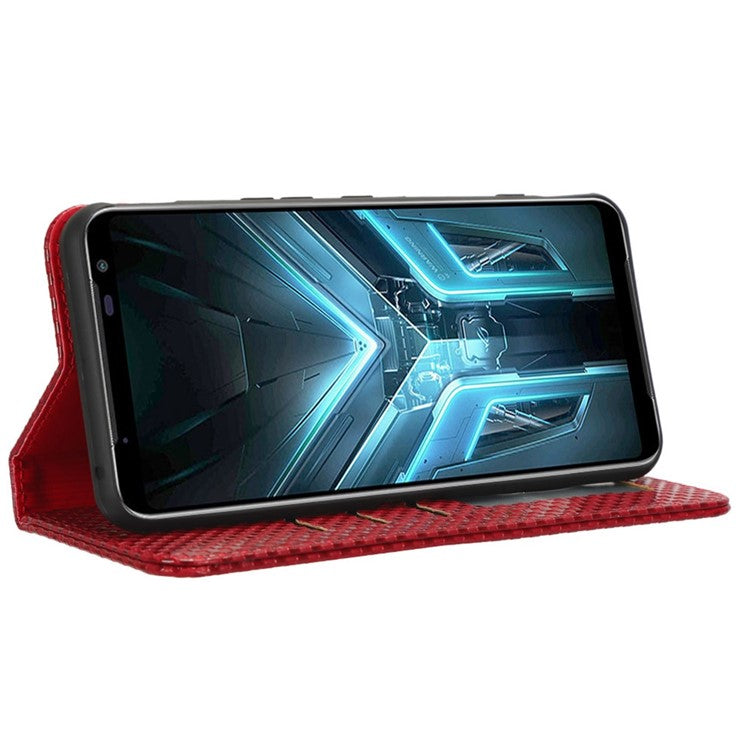 For Asus ROG Phone 3 Strix / ROG Phone 3 ZS661KS Grid Texture PU Leather Magnetic Auto-absorbed Phone Case with Wallet Stand - Wine Red