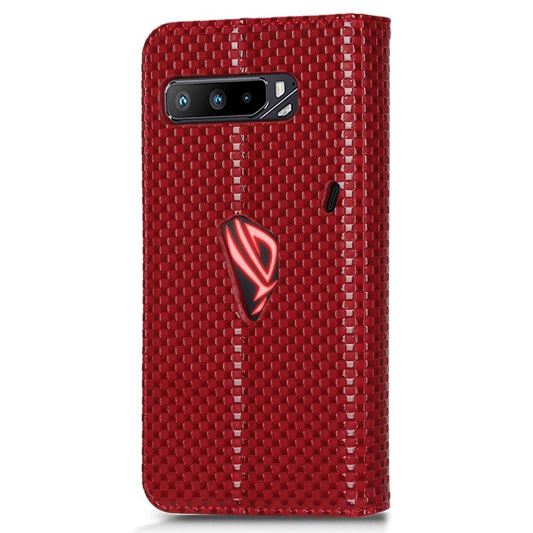 For Asus ROG Phone 3 Strix / ROG Phone 3 ZS661KS Grid Texture PU Leather Magnetic Auto-absorbed Phone Case with Wallet Stand - Wine Red