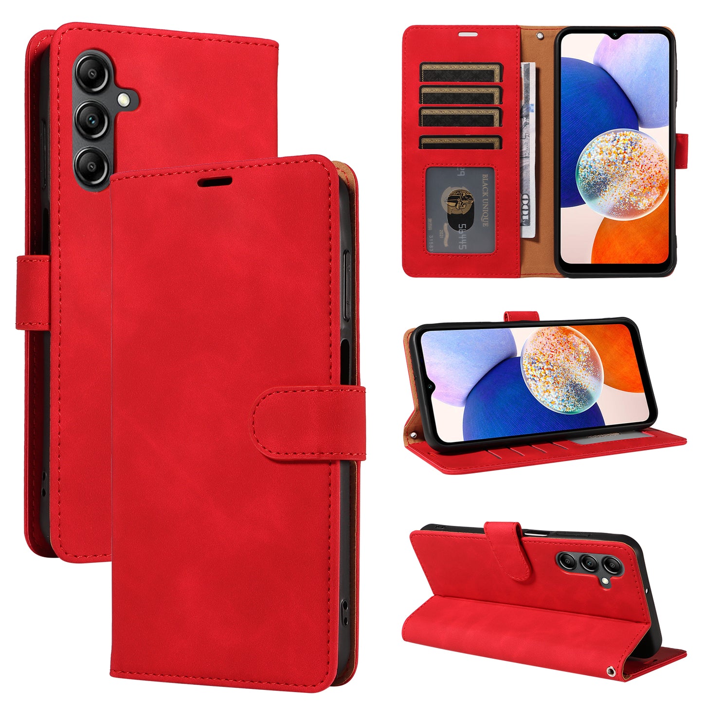 For Samsung Galaxy A16 5G / 4G Case with Thickened Strap RFID Blocking Wallet Stand Leather Flip Phone Cover - Red