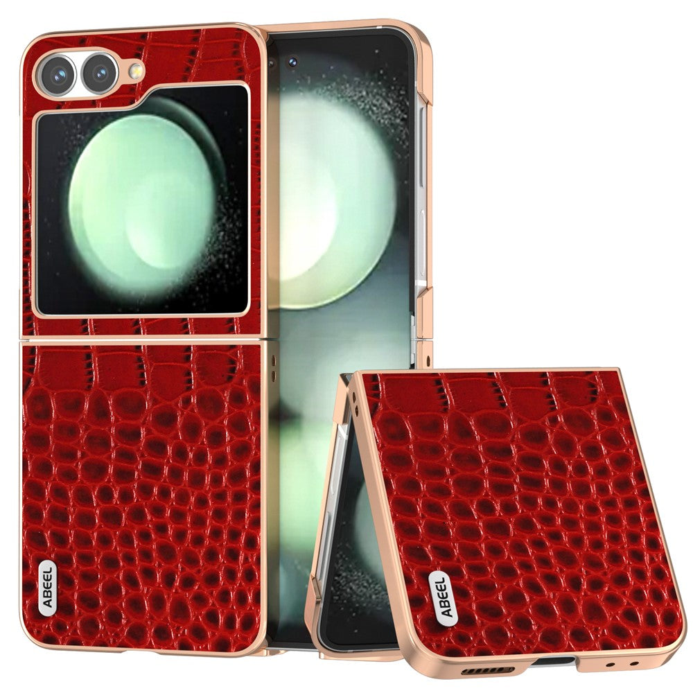 ABEEL For Samsung Galaxy Z Flip7 FE 5G / Z Flip6 5G Case Electroplating Edge Crocodile Texture Genuine Cow Leather Back Cover - Red