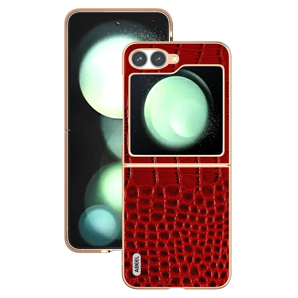 ABEEL For Samsung Galaxy Z Flip7 FE 5G / Z Flip6 5G Case Electroplating Edge Crocodile Texture Genuine Cow Leather Back Cover - Red