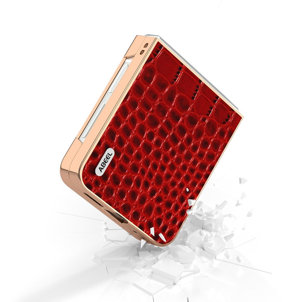 ABEEL For Samsung Galaxy Z Flip7 FE 5G / Z Flip6 5G Case Electroplating Edge Crocodile Texture Genuine Cow Leather Back Cover - Red