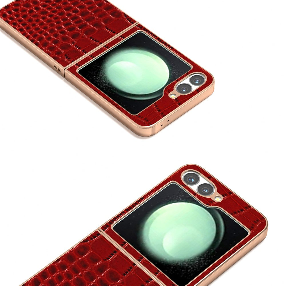 ABEEL For Samsung Galaxy Z Flip7 FE 5G / Z Flip6 5G Case Electroplating Edge Crocodile Texture Genuine Cow Leather Back Cover - Red
