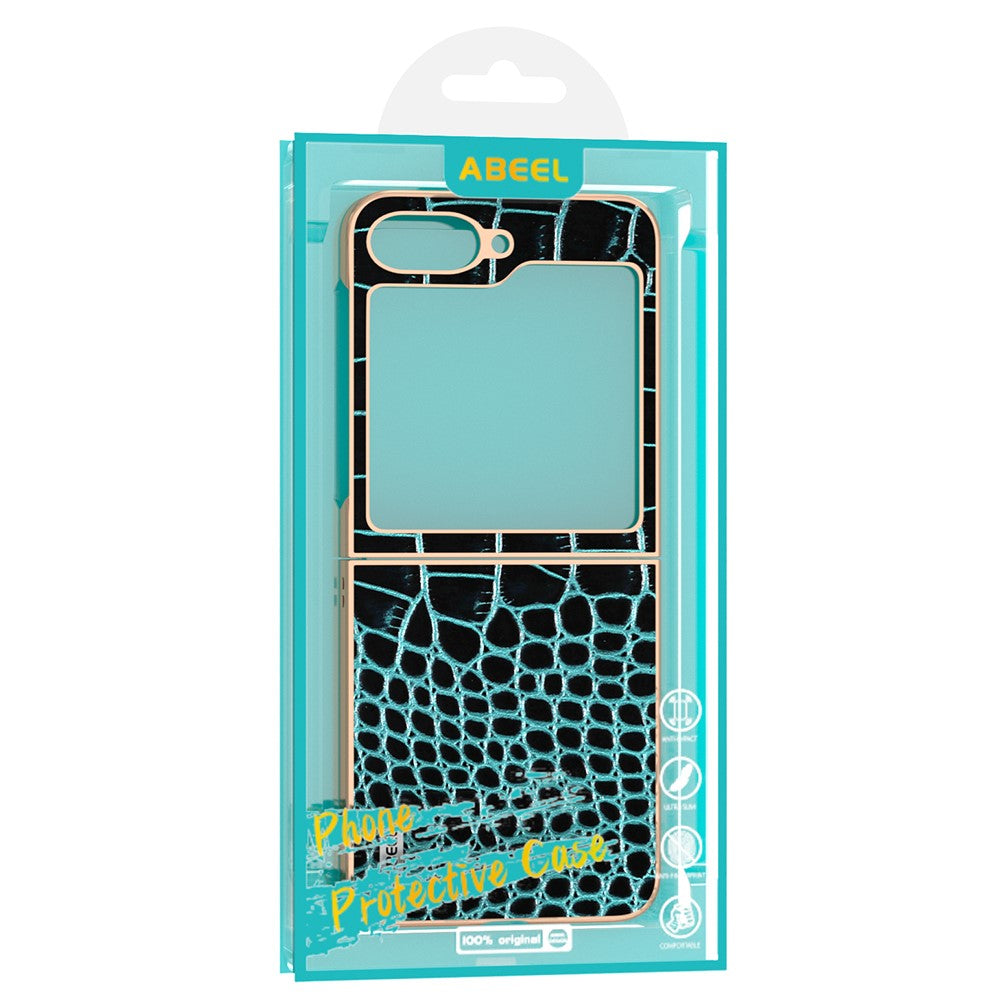 ABEEL For Samsung Galaxy Z Flip7 FE 5G / Z Flip6 5G Case Electroplating Edge Crocodile Texture Genuine Cow Leather Back Cover - Red