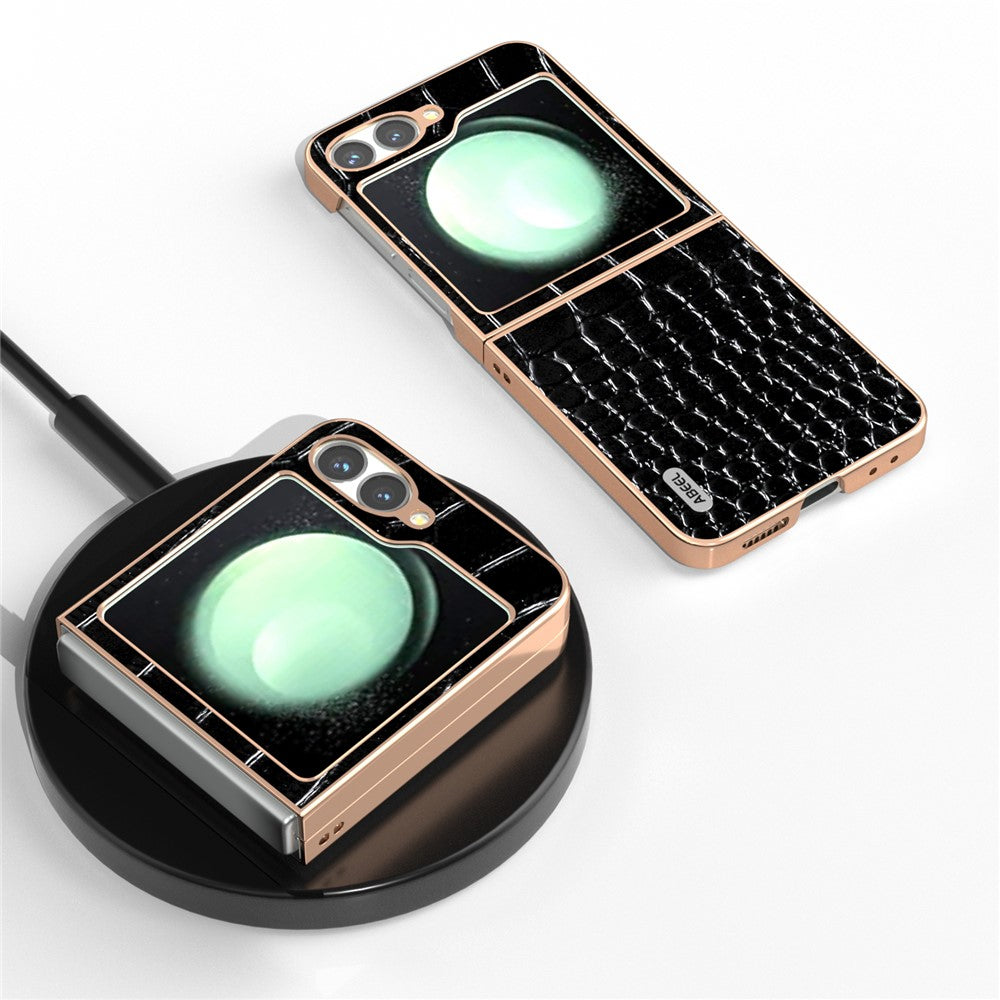 ABEEL For Samsung Galaxy Z Flip7 FE 5G / Z Flip6 5G Case Electroplating Edge Crocodile Texture Genuine Cow Leather Back Cover - Black