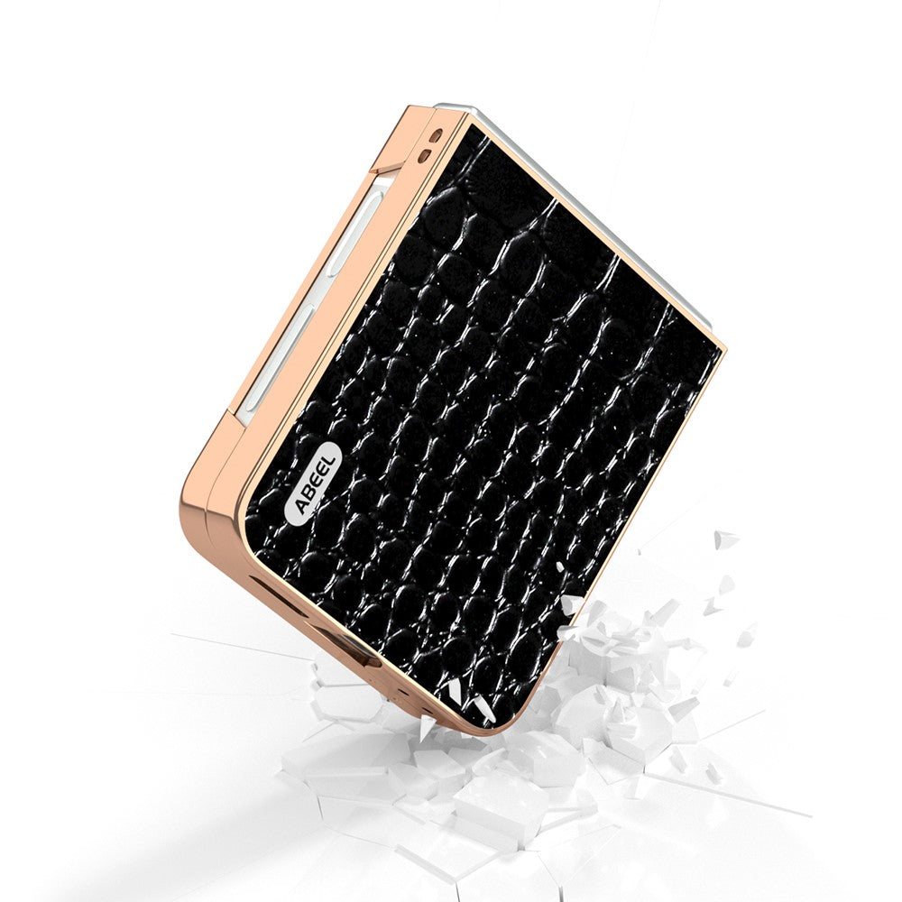 ABEEL For Samsung Galaxy Z Flip7 FE 5G / Z Flip6 5G Case Electroplating Edge Crocodile Texture Genuine Cow Leather Back Cover - Black